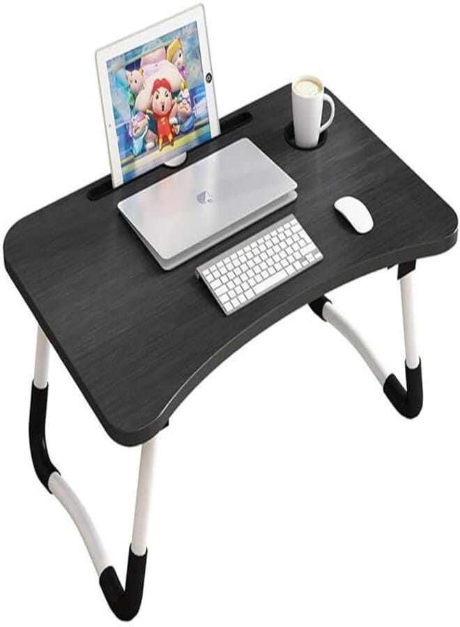 Folding Multi-Function Laptop Table,15.7â€ Tray Kids Writing Tablet with Ipad Holder/Cup Slot/Adjustable Anti-Slip Legs for Indoor Study Eating Reading or Watch Movies on Bed(Black